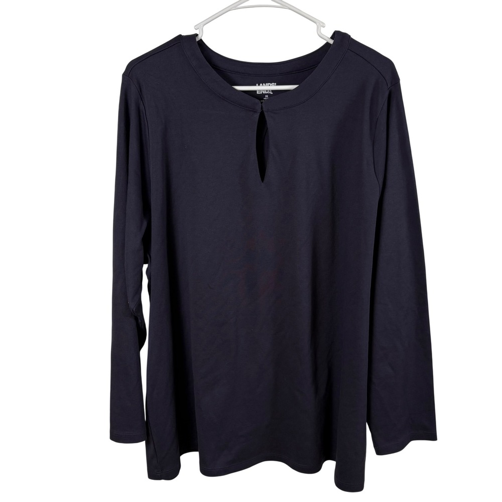 Lands End Top Womens 3X Navy Blue Long Sleeve Keyhole Minimalist Career Basics